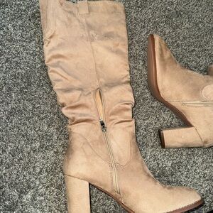 Tan Suede Knee-High Block Heel Boots